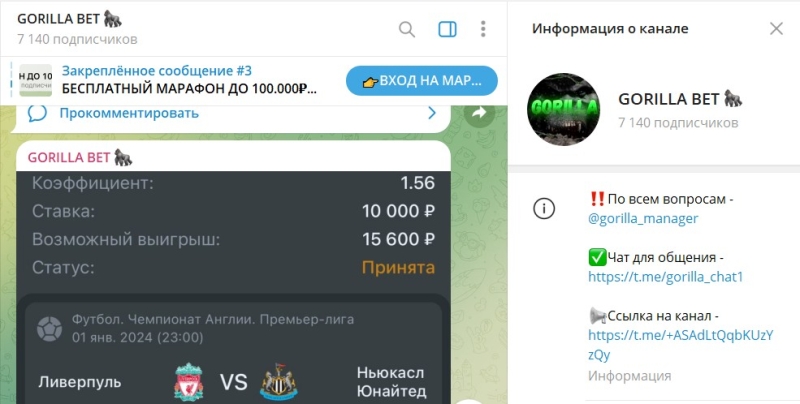 Ставки от GORILLA BET – реальные отзывы о канале Телеграмм